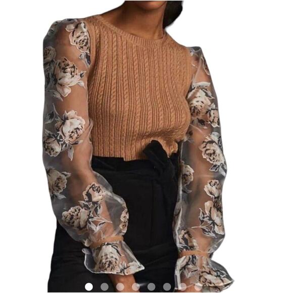 Anthropologie Maeve Tan Cable Knit Crew Sweater Sheer Rose Print Sleeves X Large - Picture 2 of 7